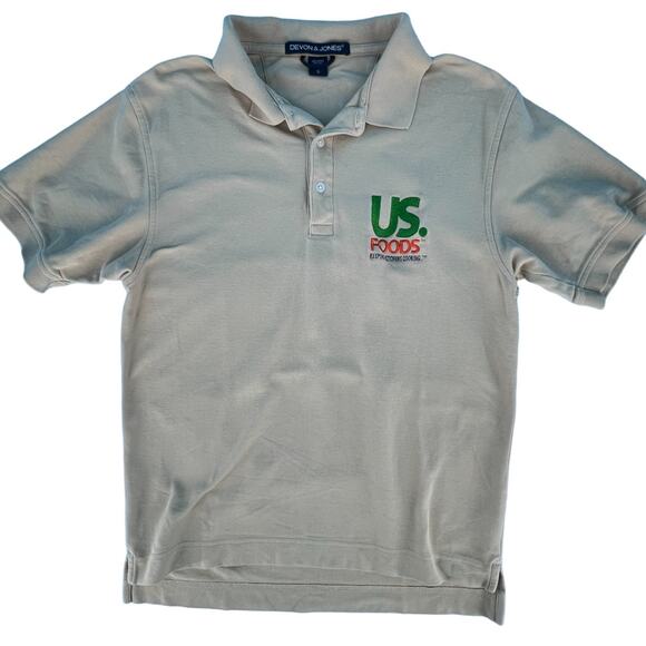 Devon & Jones US Foods 3 Button Polo Tee Shirt Top Size Small Beige Tan - Picture 1 of 14